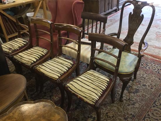 Decorated open armchair & a set of four Regency mahogany dining chairs (a.f)